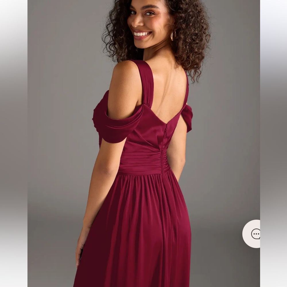 New with Tags AZAZIE LIANNE Burgundy‎ Off the Shoulder Stretch Satin Dress A18 - Picture 3 of 15